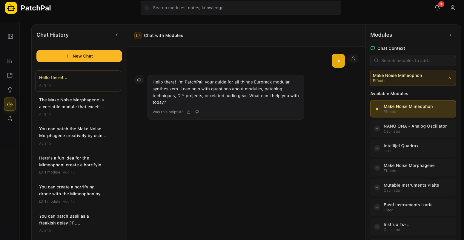 PatchPal Chat Interface - Chat with modules showing conversation and module selection